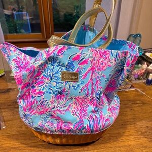 Lilly Pulitzer Pink and Blue Women's Wicker Tote Bag